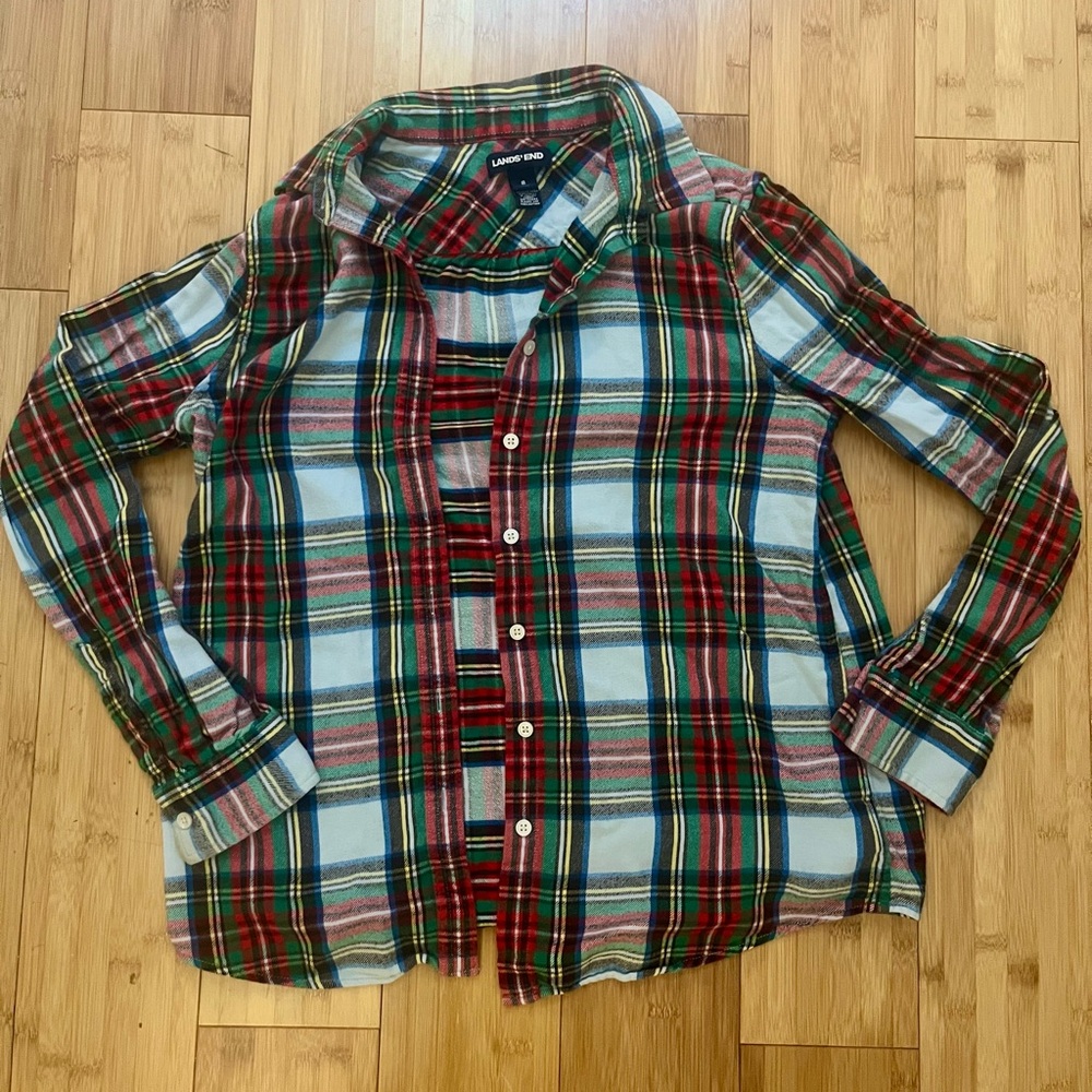 Lands' End Women's Red and Green Plaid Long Sleeve Shirt